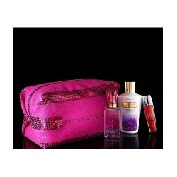 Victoria's Secret Sequin Cosmetic Beauty Bag w/ Georgeous Mist 2.5 Oz, Dazzleshine Lip Gloss and Love Spell Body Lotion 