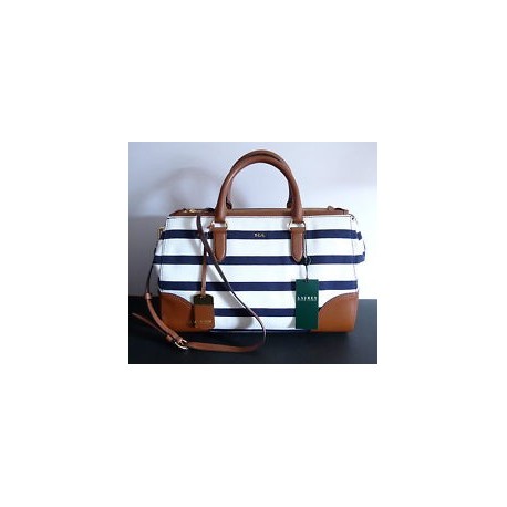 Lauren Ralph Lauren Beverley Double Zip Satchel Blue/WHite Stripe/NWT